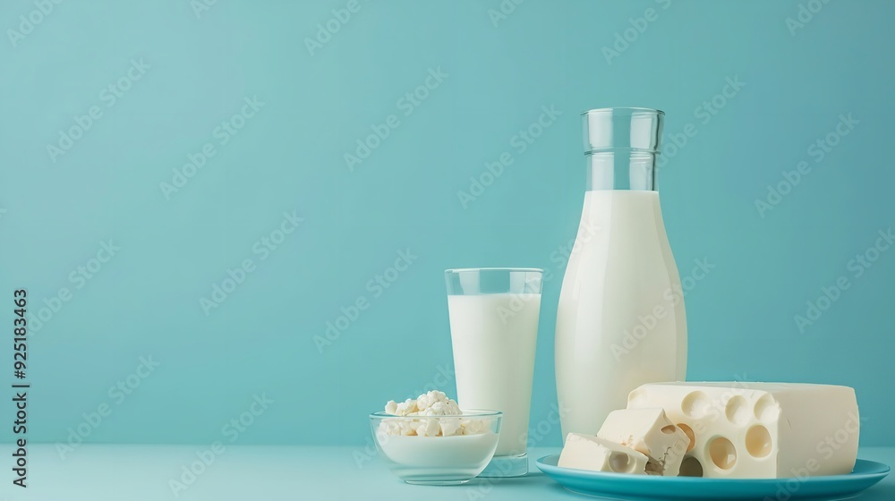 Healthy food and dairy products with copy space on a blue background, Generative AI. Healthy food and dairy products with copy space on a blue background, Generative AI.