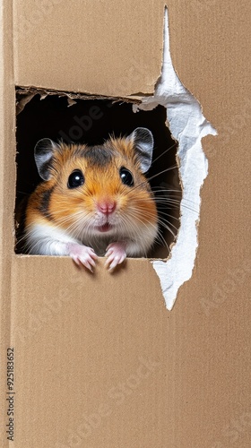 A curious hamster peeks out from a torn cardboard box in a soft-lit studio setting