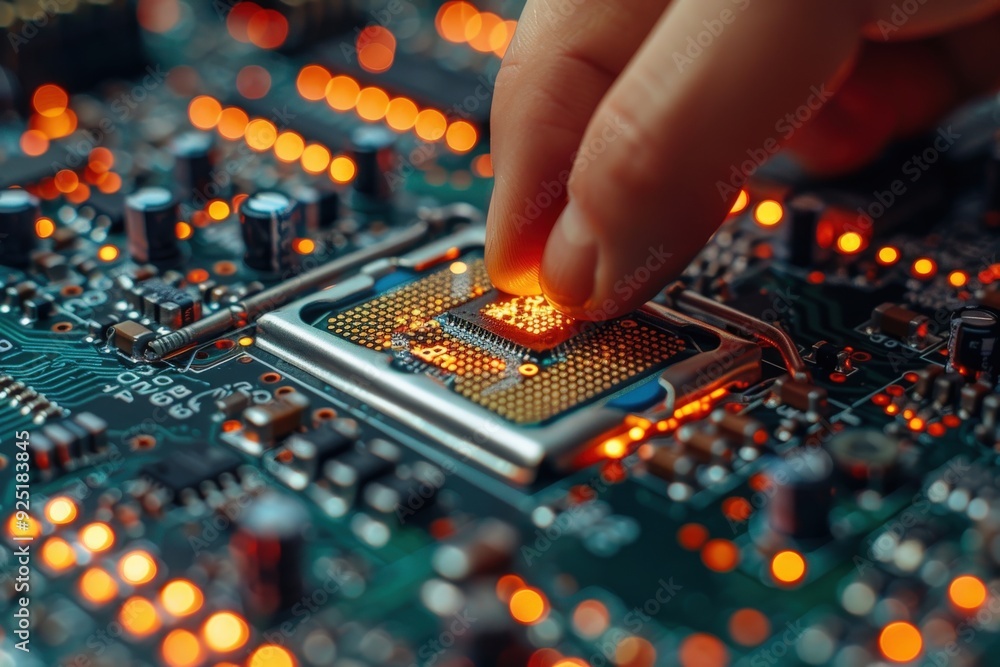 A close-up shot highlights a hand carefully placing a CPU into the socket of a motherboard, illustrating precision in the assembly and configuration of computer hardware. A close-up shot highlights a hand carefully placing a CPU into the socket of a motherboard, illustrating precision in the assembly and configuration of computer hardware.