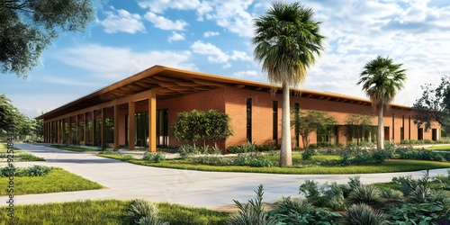 Wallpaper Mural Modern Brick Building With Palm Trees And Green Grass Torontodigital.ca