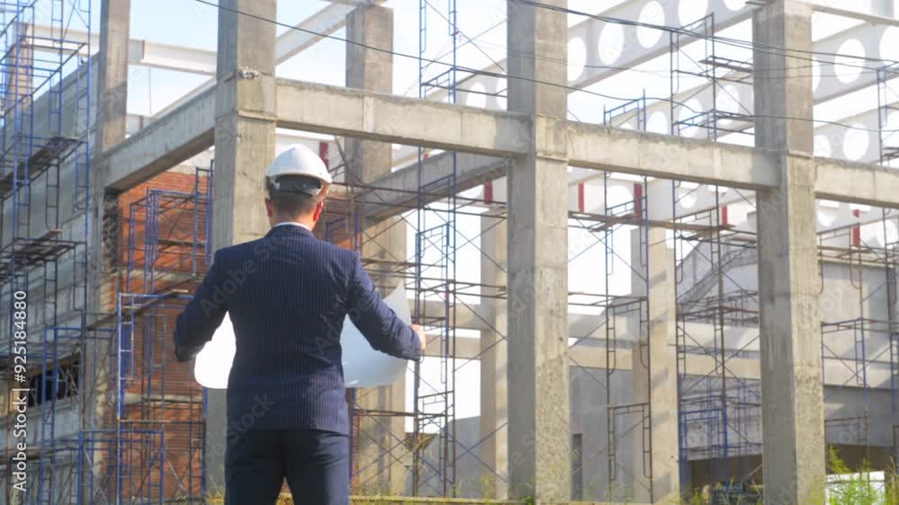 Asian adult foreman stands in front of the construction inspecting a construction project with determination. Engineer inspects construction. Asian adult foreman stands in front of the construction inspecting a construction project with determination. Engineer inspects construction.