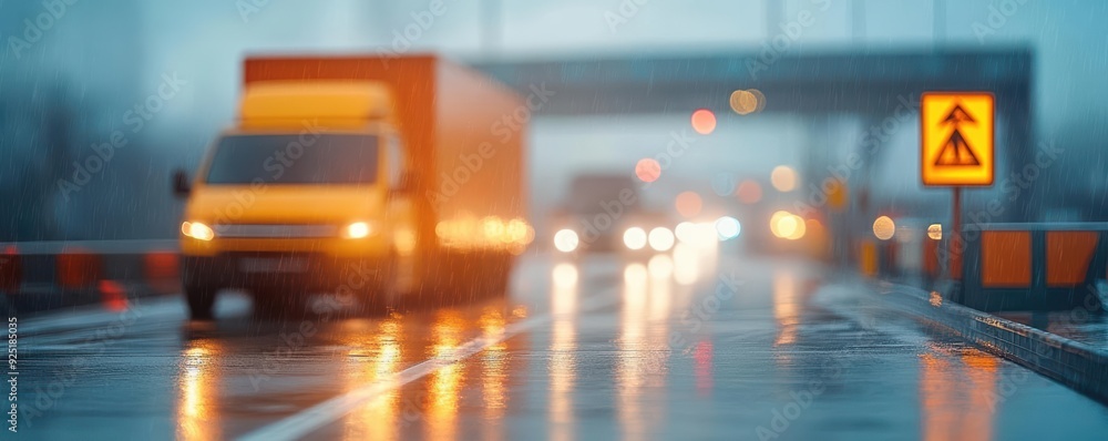 A blurry scene of a truck driving on a wet road under a rain-soaked sky, highlighting traffic and road safety signs. A blurry scene of a truck driving on a wet road under a rain-soaked sky, highlighting traffic and road safety signs.