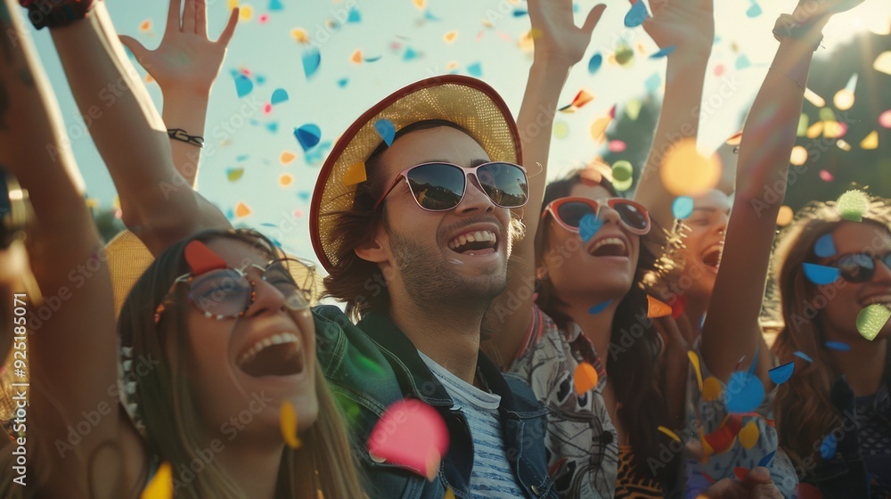 A group of friends revels in happiness, their arms raised high as they celebrate, surrounded by vibrant colors falling around them A group of friends revels in happiness, their arms raised high as they celebrate, surrounded by vibrant colors falling around them
