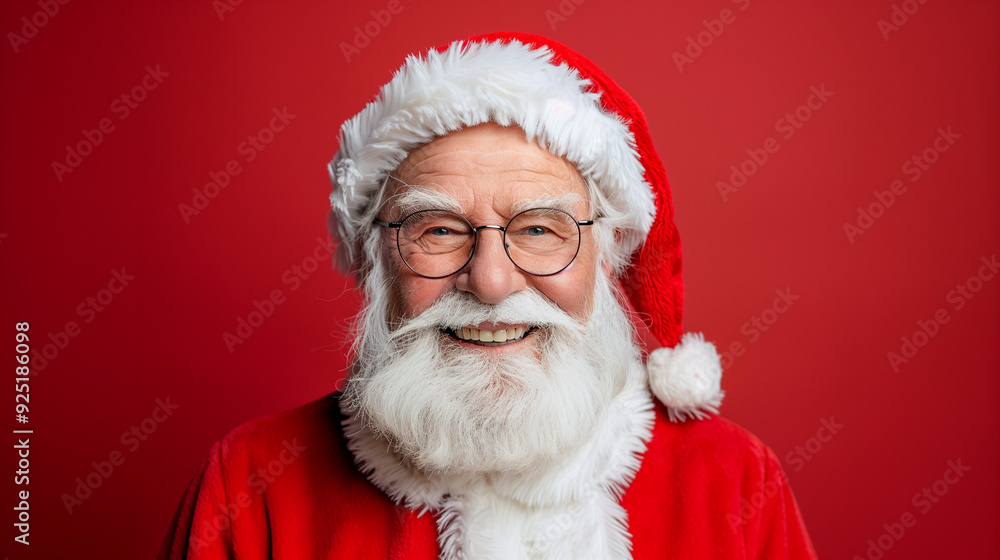 Naklejka premium Santa Claus Laughs And Waves To Camera, Santa Claus in eyeglasses is looking at camera and smiling, Santa Claus with checklist, portrait, close-up, Emotional Santa Claus, Pictures of Vintage Real 