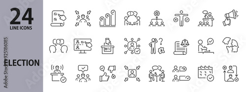 Election line icons set with Candidate, Rating, Choice, Debate, Vote and more. Editable Stroke