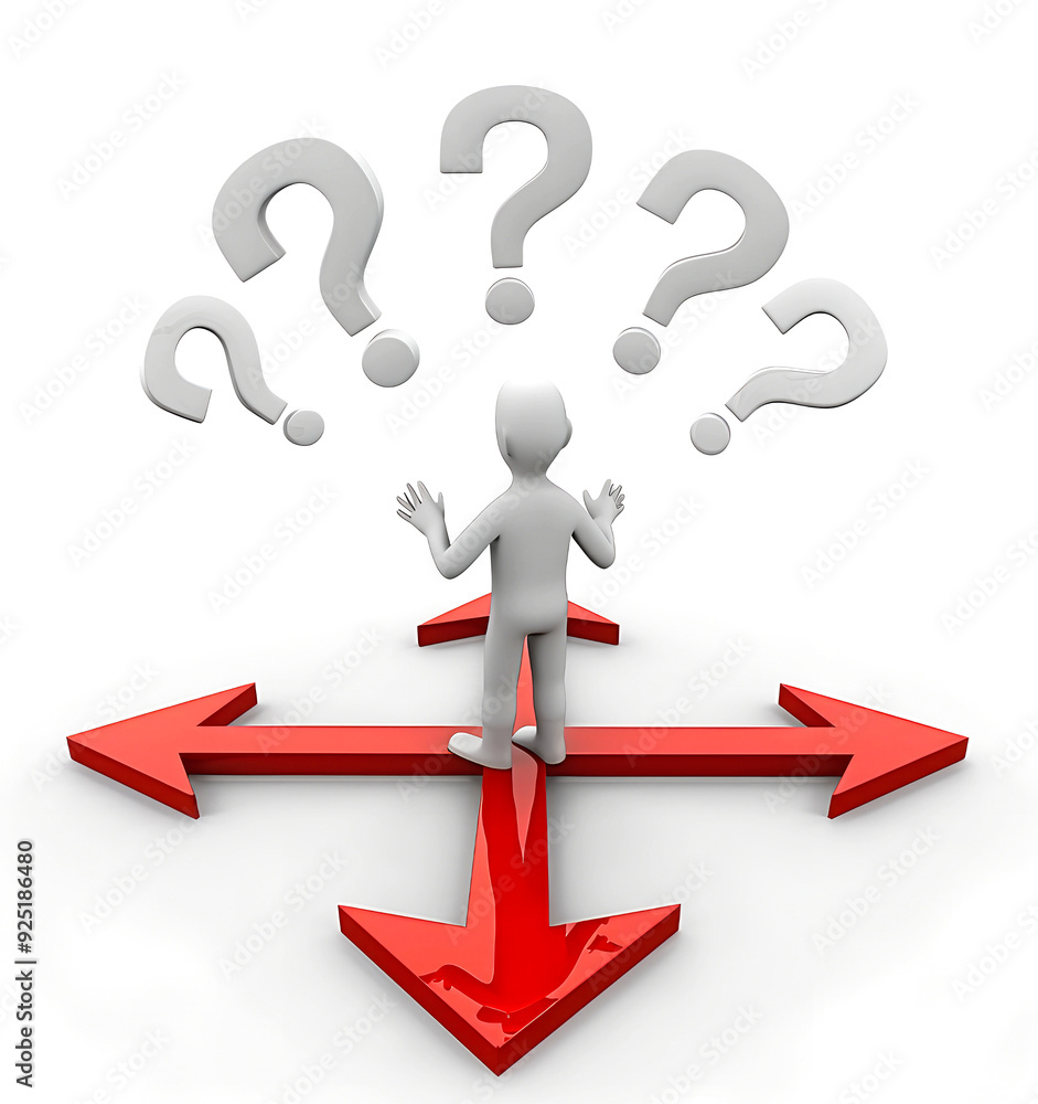 3D render of a person standing on a red arrow pointing in different directions 3D render of a person standing on a red arrow pointing in different directions