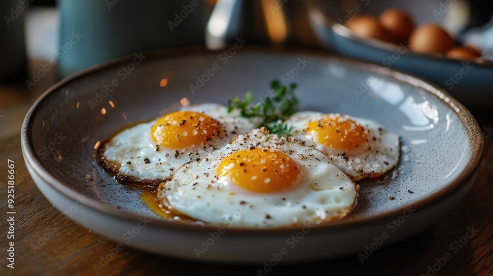 A beautifully presented plate of eggs, garnished with a dash of salt and pepper, capturing the essence of a hearty breakfast A beautifully presented plate of eggs, garnished with a dash of salt and pepper, capturing the essence of a hearty breakfast