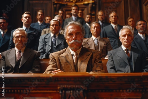 A group of elegantly dressed men attentively observes the legal proceedings in a courtroom, highlighting the gravitas and formal nature of judicial processes, solemnity, and respect. photo