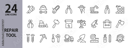Repair Tool line icons set with Grinder, Tool, Helmet, Axe, Construction, Screwdriver, Spanner, Saw and more. Editable Stroke