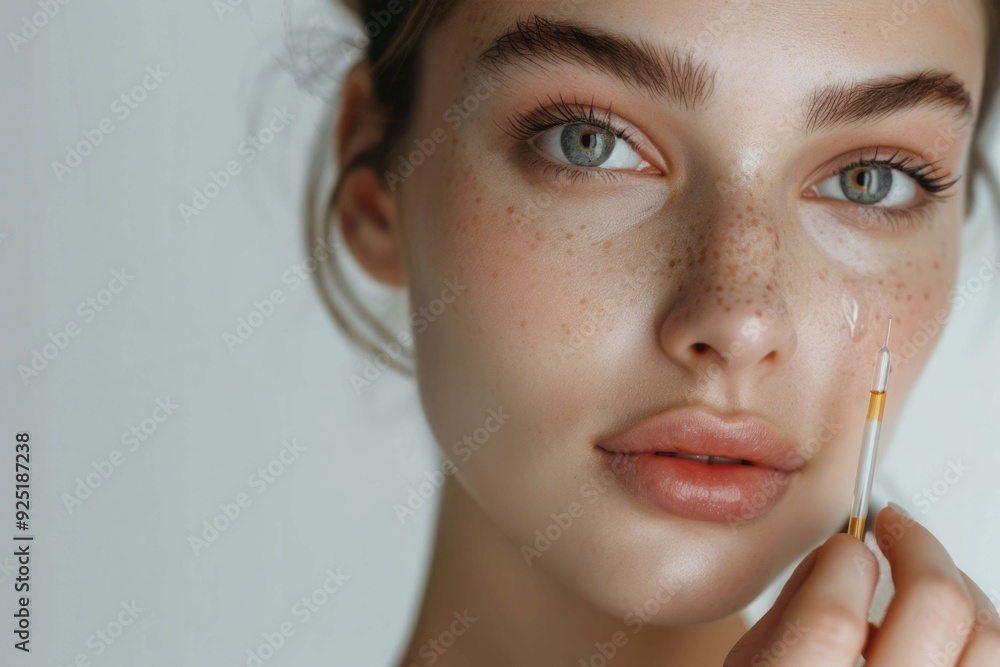 Skin Care Routine. Beautiful woman looking at camera holding a pipette in her hand with serum moisturizing anti aging antioxidant. Skin Care Routine. Beautiful woman looking at camera holding a pipette in her hand with serum moisturizing anti aging antioxidant.