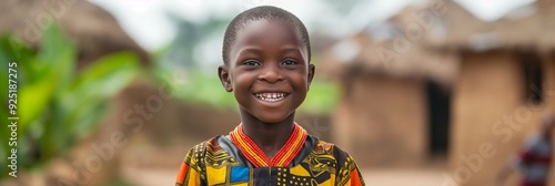 A young African boy, dressed in colorful traditional attire, smiles brightly in a rural area with huts visible in the background. photo