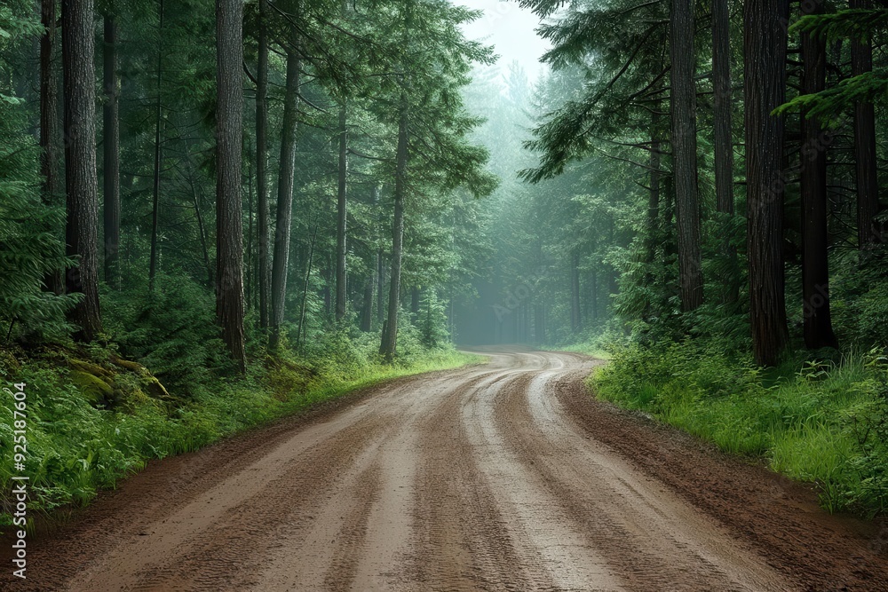 Naklejka premium Dirt road winding through pine forest, rugged and wild