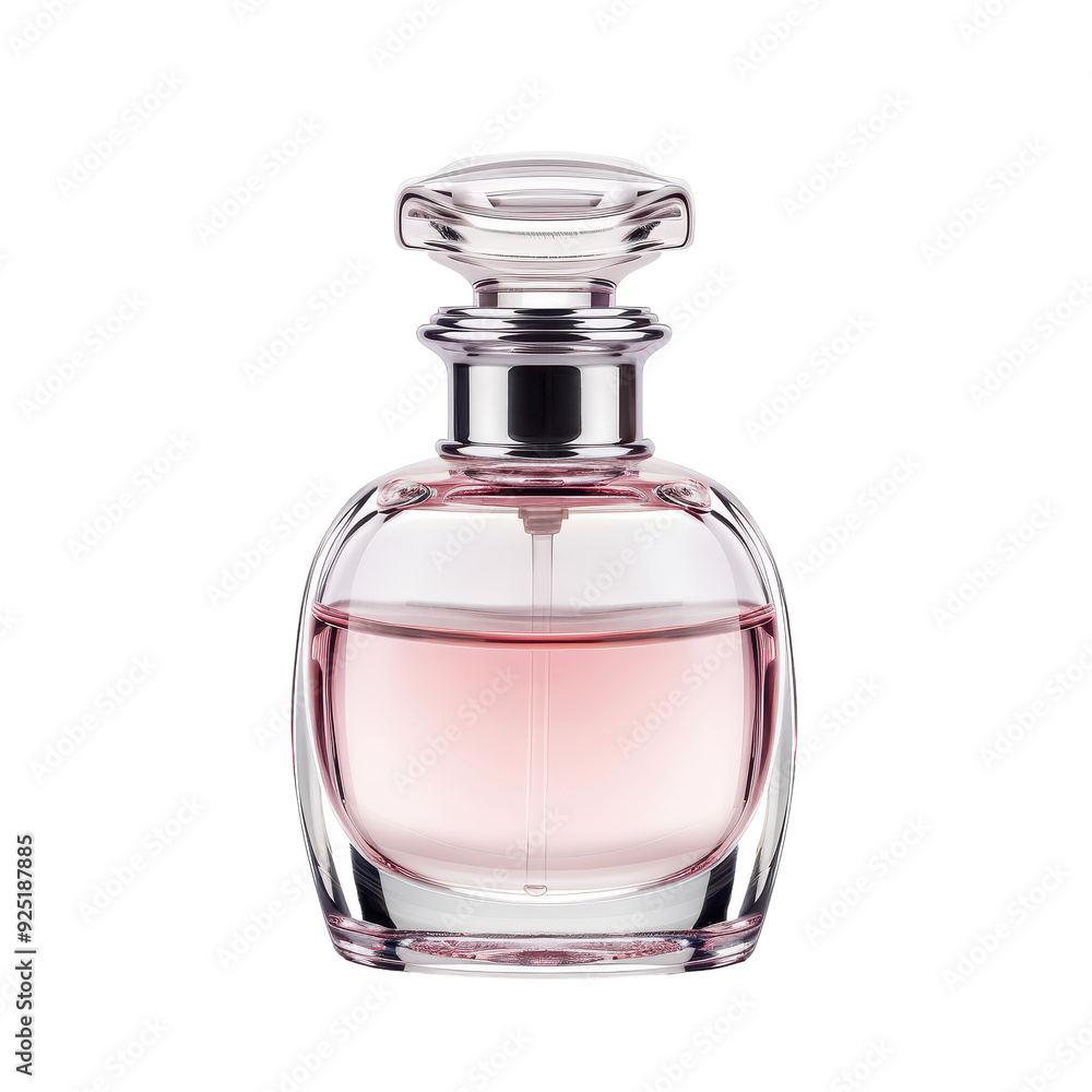 A bottle of perfume with a pink cap, transparent or white background A bottle of perfume with a pink cap, transparent or white background