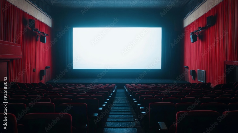 Empty movie theater with blank screen in dark auditorium Empty movie theater with blank screen in dark auditorium