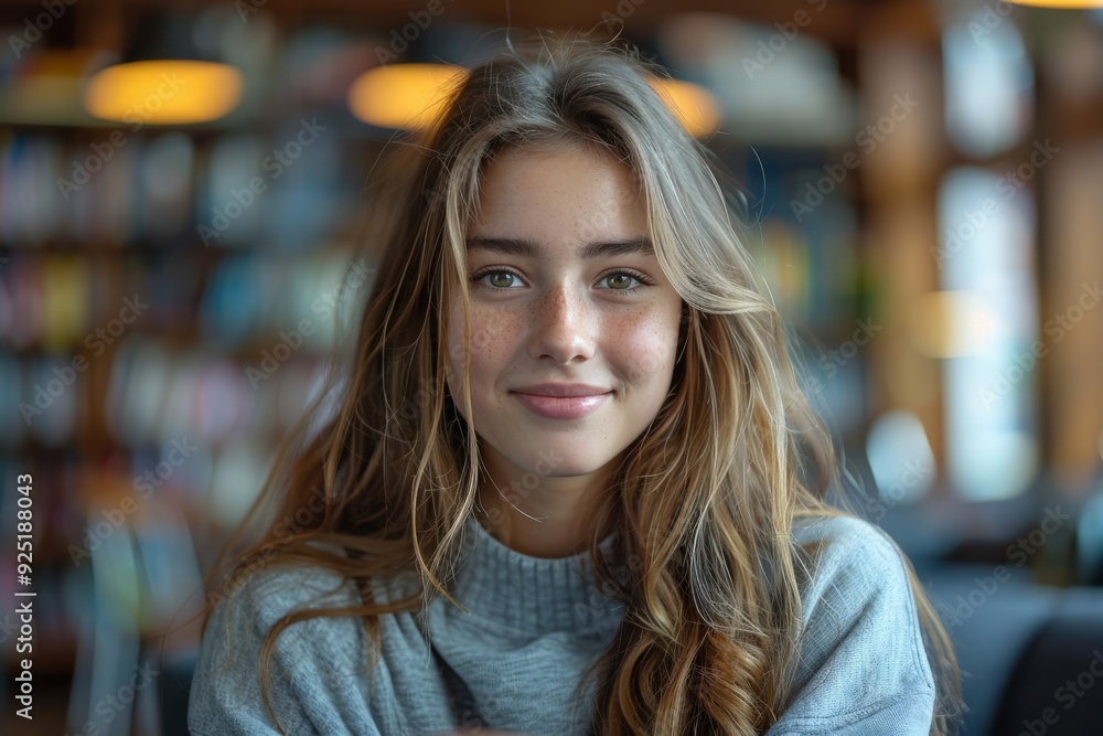 A young woman with a pleasant smile sits in a library, with bookshelves blurred in the background, capturing a sense of calm and focus amidst a scholarly environment. A young woman with a pleasant smile sits in a library, with bookshelves blurred in the background, capturing a sense of calm and focus amidst a scholarly environment.