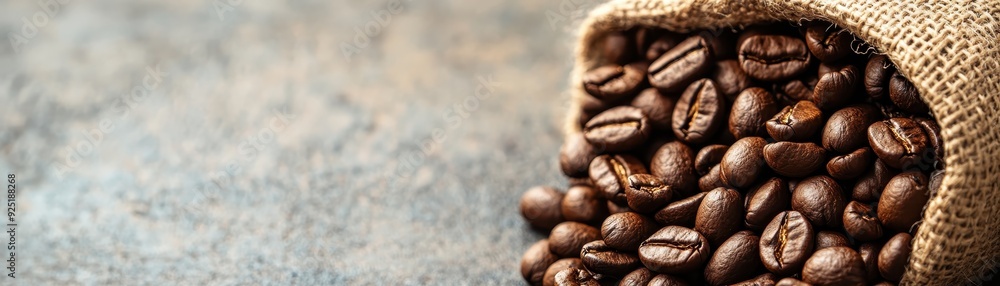 Fototapeta premium A rustic burlap sack spilling roasted coffee beans on a textured gray background, perfect for illustrating concepts of coffee culture and brewing.