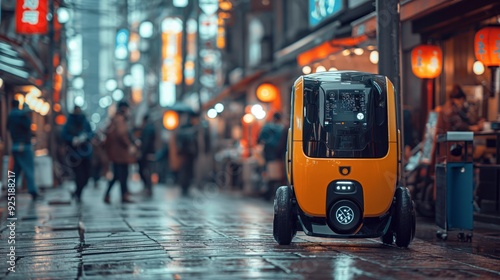 Wallpaper Mural A sleek robot in a busy city street at night, showcasing the blend of technology and urban life. Torontodigital.ca
