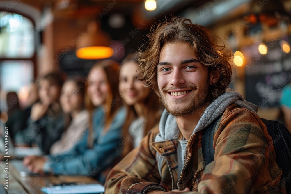 A young man with a joyful expression sits in a cafe, leaning forward as he chats with friends in the background, creating an atmosphere of camaraderie and leisure. A young man with a joyful expression sits in a cafe, leaning forward as he chats with friends in the background, creating an atmosphere of camaraderie and leisure.