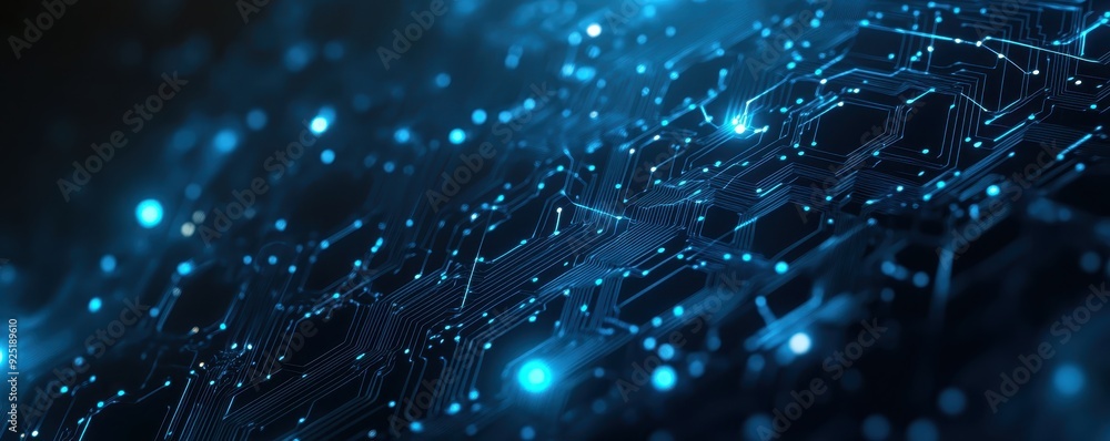 Obraz premium Abstract digital circuit board blue lights technology background, showcasing connected data nodes and lines for AI, big data, and networking