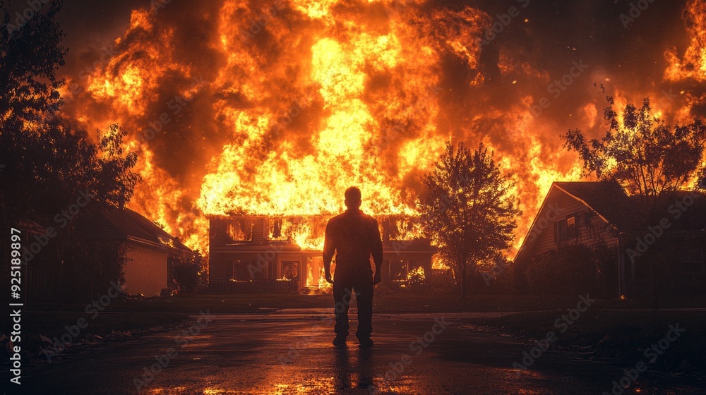 Fototapeta premium A lone person watches as flames consume a house, casting an eerie glow against the dark backdrop of night