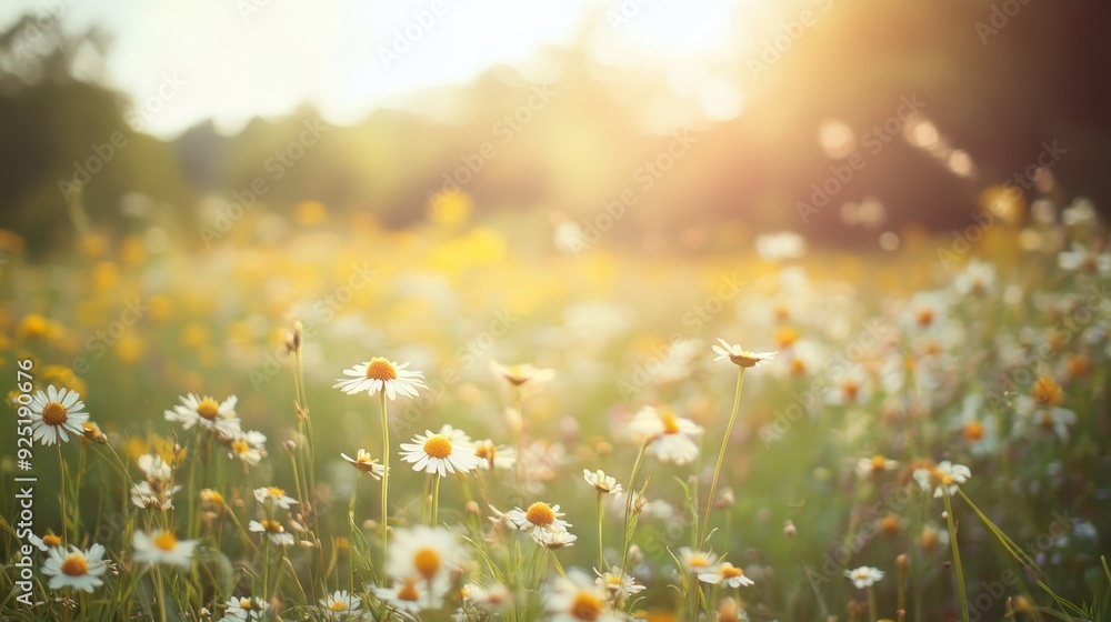 Fototapeta premium Beautiful meadow with blooming daisies under warm sunlight, providing a peaceful and tranquil nature scene perfect for spring and summer themes.