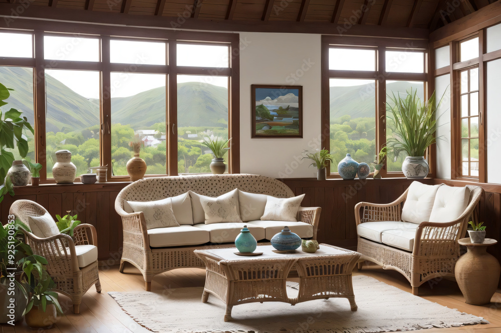 Arafed living room with wicker furniture and a view of mountains Arafed living room with wicker furniture and a view of mountains