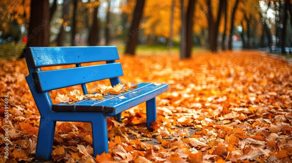 A charming blue bench in the midst of an autumnal park, surrounded by vibrant leaves, creating a cozy and inviting scene A charming blue bench in the midst of an autumnal park, surrounded by vibrant leaves, creating a cozy and inviting scene