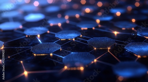 Close-up of an abstract hexagonal network structure with glowing nodes and connections, representing futuristic technology and digital communication.