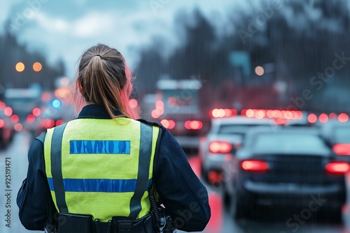 Police officer directing traffic in reflective vest, back view, blurred cars with headlights on in the background, evening setting, ensuring road safety, selected focus, copy space
