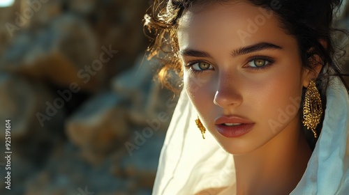 A young Greek woman dressed in traditional clothing stands elegantly, showcasing her heritage against a backdrop of ancient ruins photo