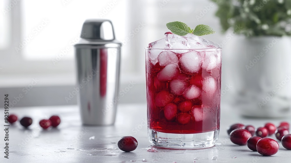 A chilled glass of cranberry juice filled with ice, with a silver shaker beside it, set against a clean, bright background A chilled glass of cranberry juice filled with ice, with a silver shaker beside it, set against a clean, bright background