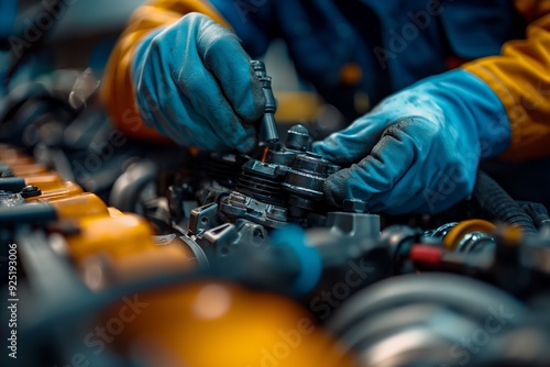 Auto mechanic working on a car engine photo