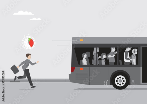 man wear business suit running late for work missing bus that already moving away
