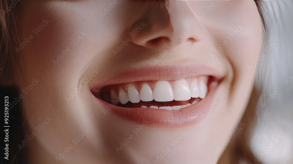 Obraz premium Closeup of a woman's smiling mouth showing healthy white teeth.