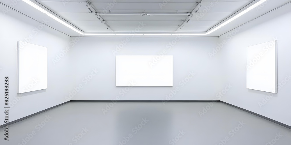 Empty White Gallery Room with Three Blank Canvases Empty White Gallery Room with Three Blank Canvases