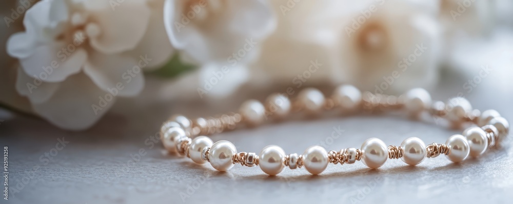 Elegant pearl bracelet with delicate flowers in soft focus background, capturing timeless beauty and sophistication. Elegant pearl bracelet with delicate flowers in soft focus background, capturing timeless beauty and sophistication.