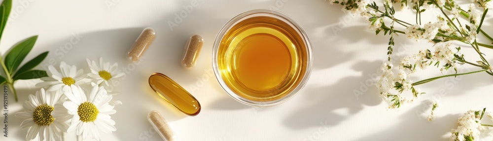 Flat lay of herbal supplements, essential oils, and flowers. Natural health and wellness concept with chamomile and soft light. Flat lay of herbal supplements, essential oils, and flowers. Natural health and wellness concept with chamomile and soft light.