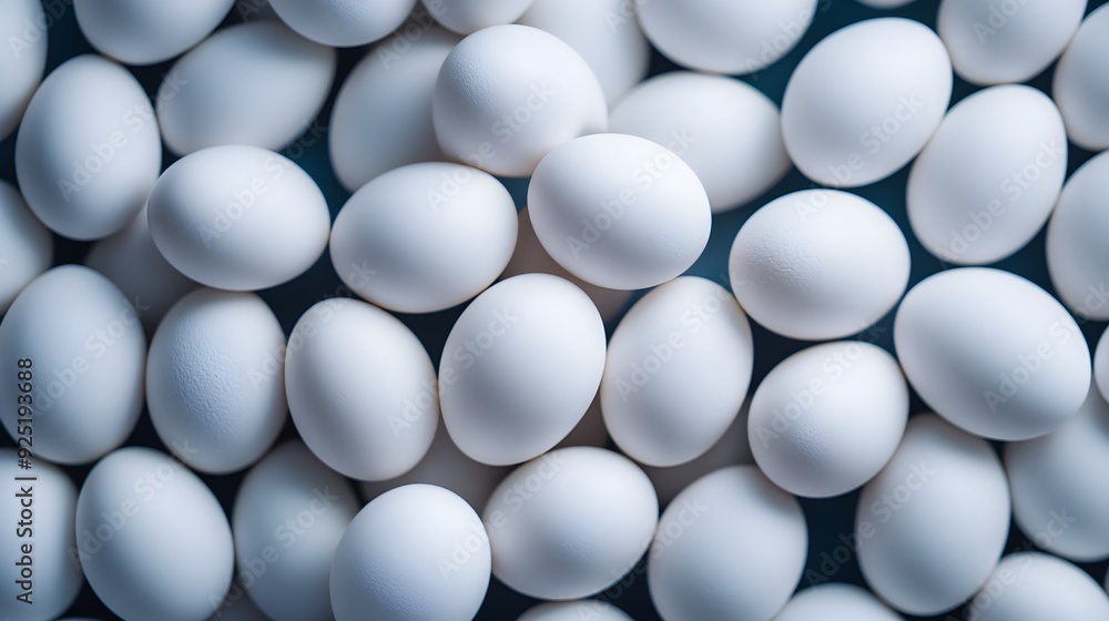 A close-up view of fresh white eggs arranged closely, showcasing their smooth surfaces and uniform size. A close-up view of fresh white eggs arranged closely, showcasing their smooth surfaces and uniform size.