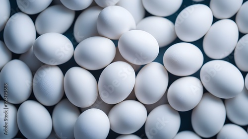 A close-up view of fresh white eggs arranged closely, showcasing their smooth surfaces and uniform size.