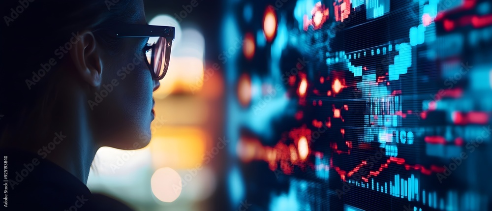 A focused individual analyzes vibrant data visuals on a digital screen, highlighting modern technology and cybersecurity themes. A focused individual analyzes vibrant data visuals on a digital screen, highlighting modern technology and cybersecurity themes.