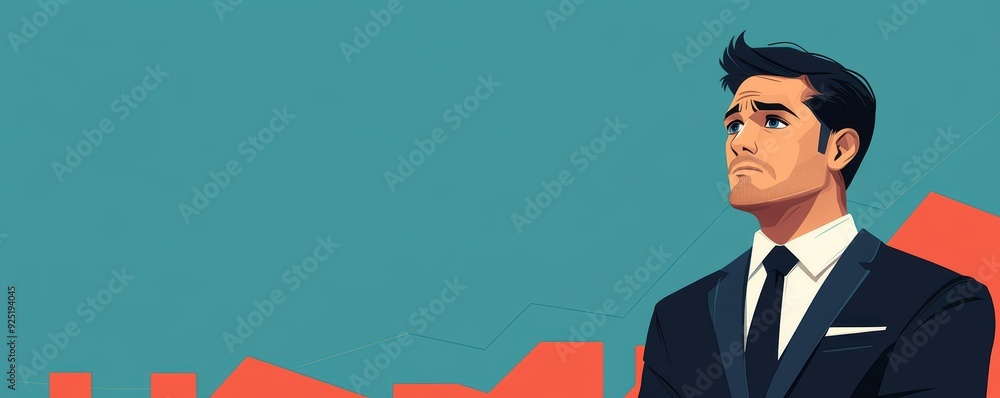 An illustration of a pensive businessman in a suit, set against a backdrop of a rising graph, symbolizing business challenges, growth, and contemplation. An illustration of a pensive businessman in a suit, set against a backdrop of a rising graph, symbolizing business challenges, growth, and contemplation.