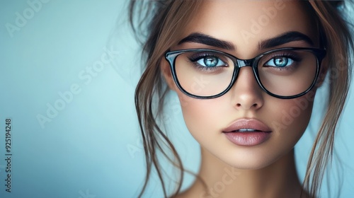 Close-up portrait of a woman wearing black framed glasses, looking at the camera with a serious expression.