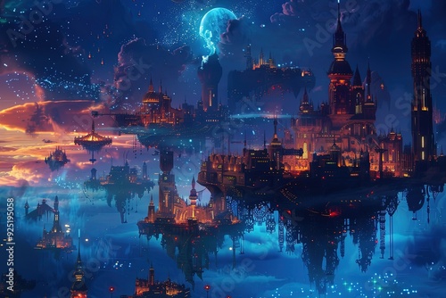 a painting of a fantasy city at night