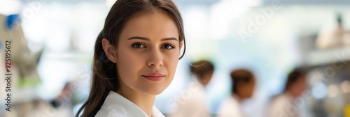 Young woman in a lab coat standing attentively in a laboratory environment, embodying science, research, and the determination for discovery. photo