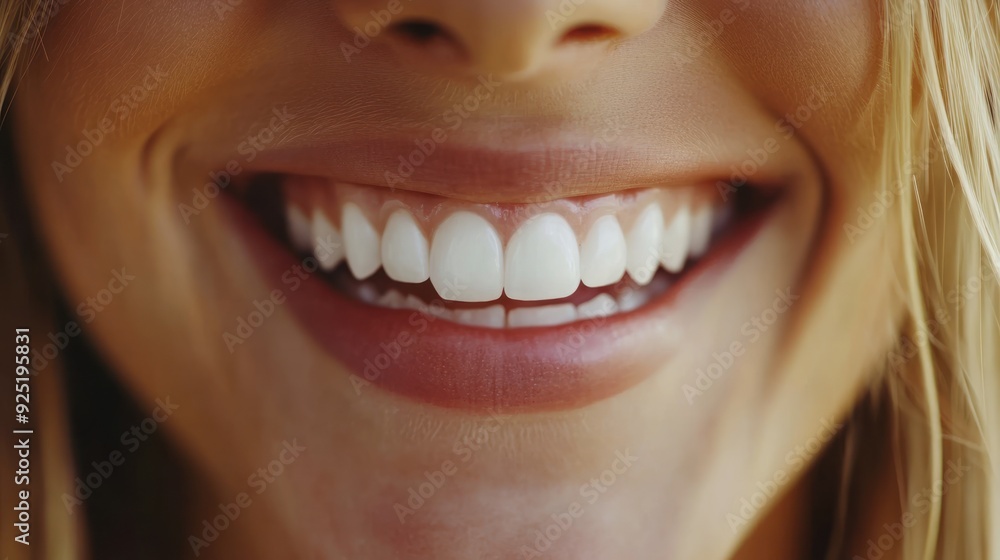 Close up of a woman's bright white smile with pink lips. Close up of a woman's bright white smile with pink lips.
