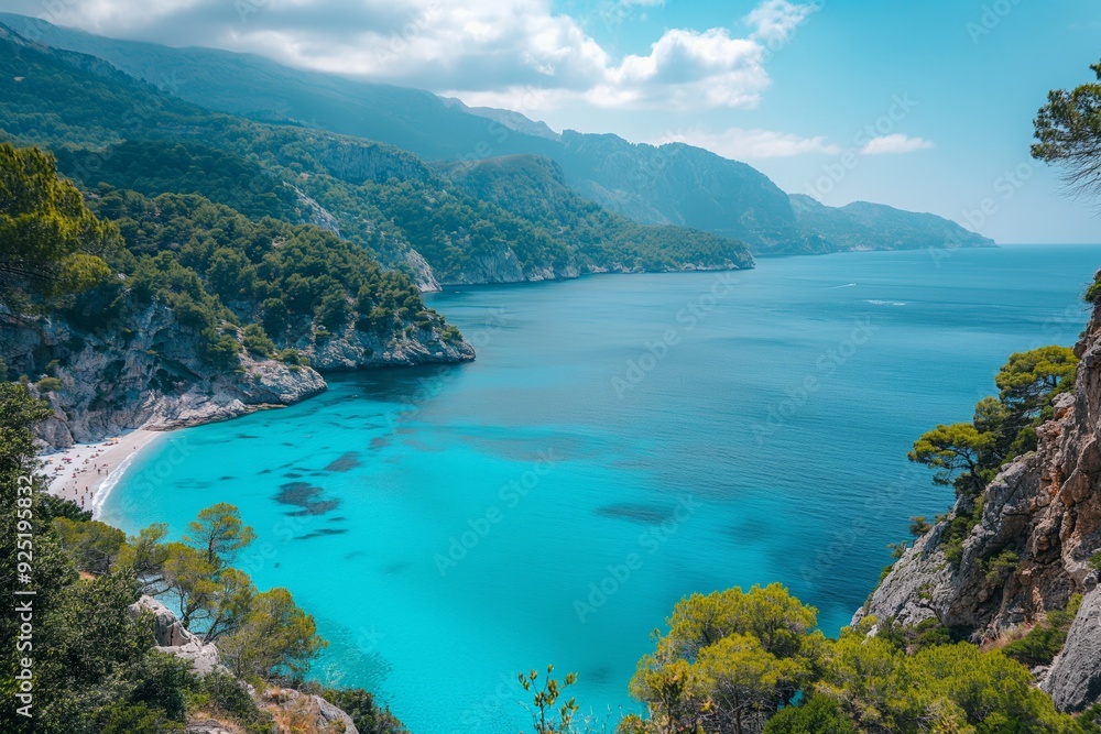 Turquoise water surrounding secluded beach with tourists enjoying summer sun Turquoise water surrounding secluded beach with tourists enjoying summer sun