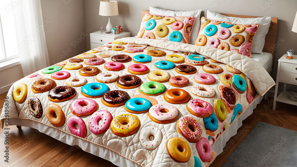 Obraz premium illustration of a bedroom interior with a large comfortable bed decorated with donuts.