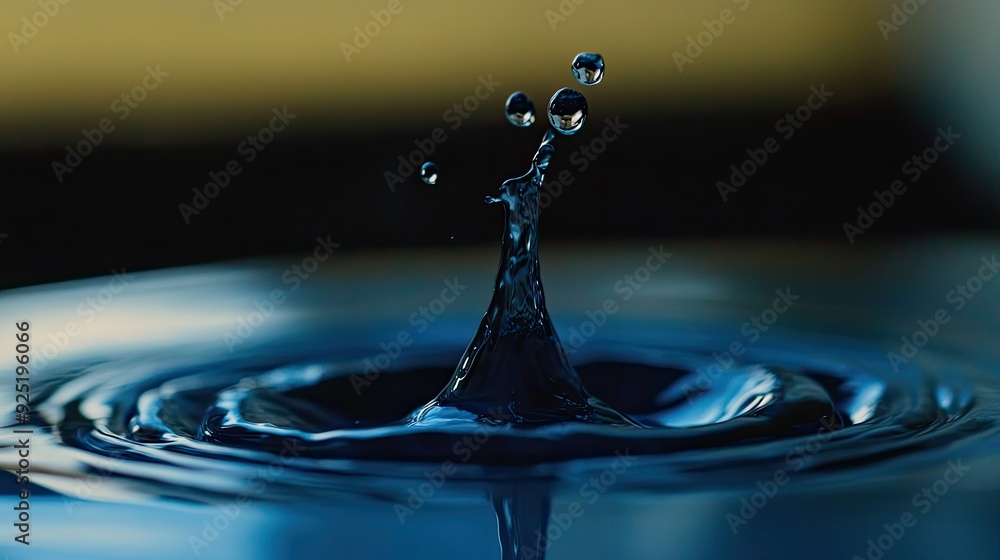 A close-up of a water drop hitting blue liquid, capturing the moment of impact and the resulting splash A close-up of a water drop hitting blue liquid, capturing the moment of impact and the resulting splash