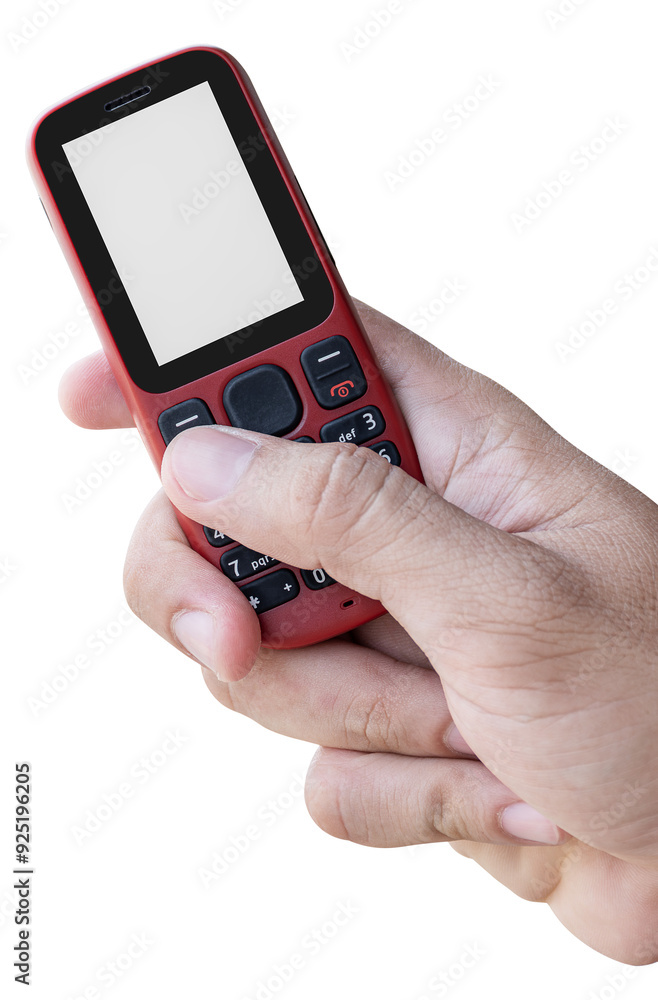 Hand holding red mobile phone with white display Hand holding red mobile phone with white display
