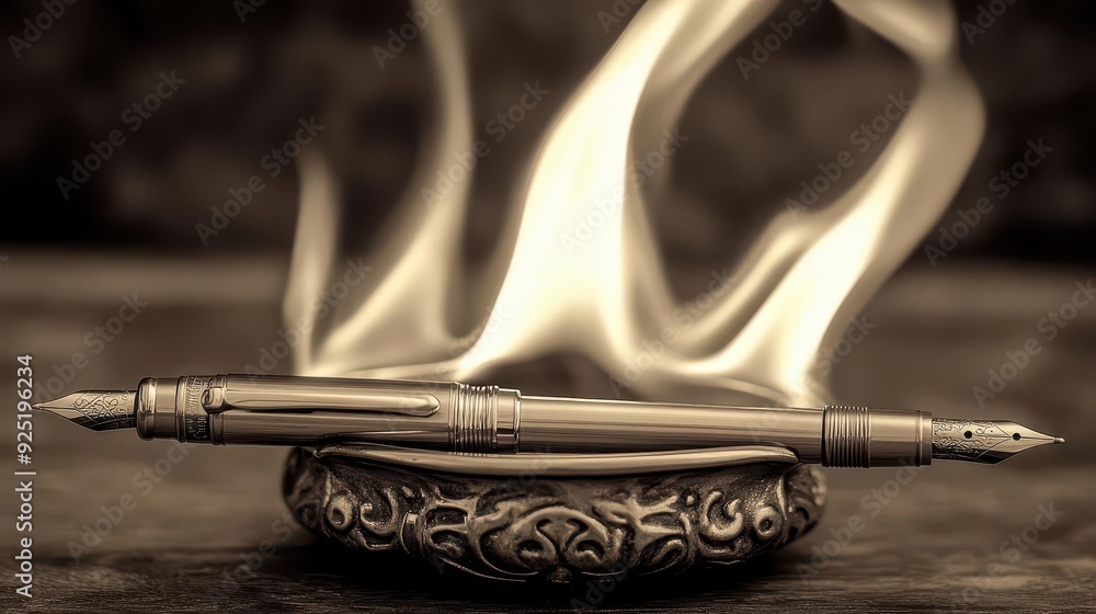 Naklejka premium A classic pen in a holder with fire swirling around, Vintage, Sepia tones, Realistic flames, Photography